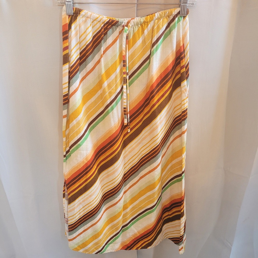 Rhythm Women Midi Skirt 4 Striped Slit Beach Boho Linen Blend Retro Earthy 21646